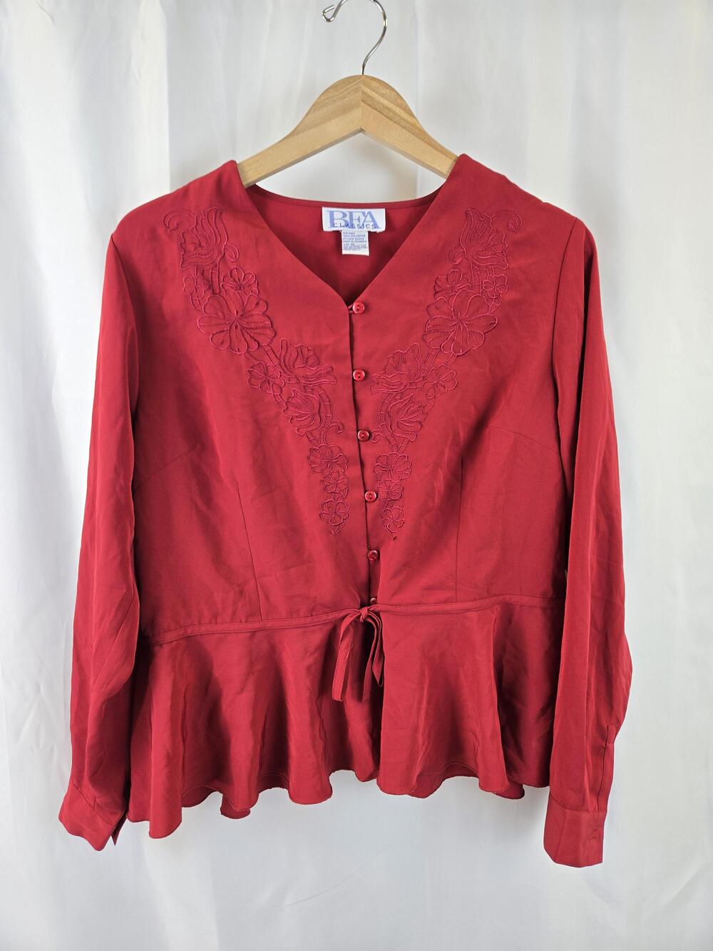 BEA Classics Blouse Womens 16 Red Embroidered Floral Button Peplum Tie Waist
